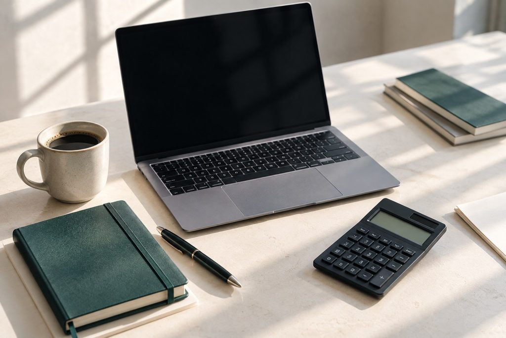 デスク上のノートPC・コーヒー・電卓・ノートの静物
