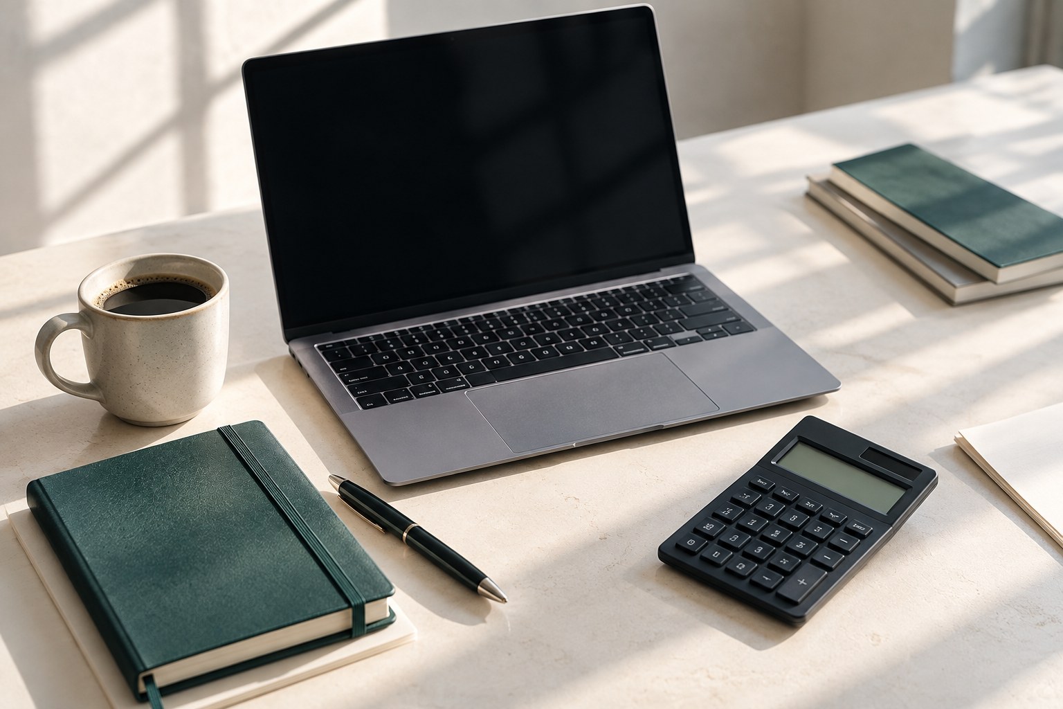 デスク上のノートPC・コーヒー・電卓・ノートの静物